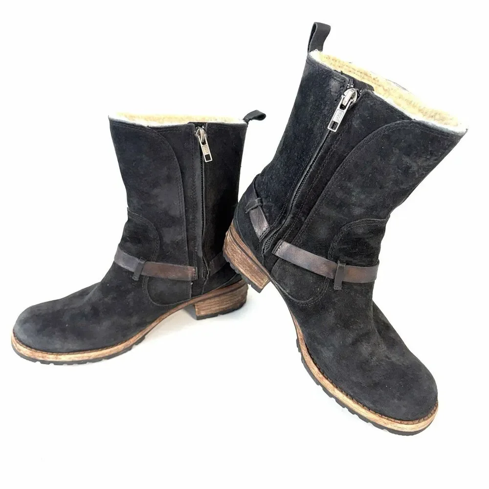 UGG Australia ENDELL Black Waterproof Suede Logo Biker Boots US 8 5604